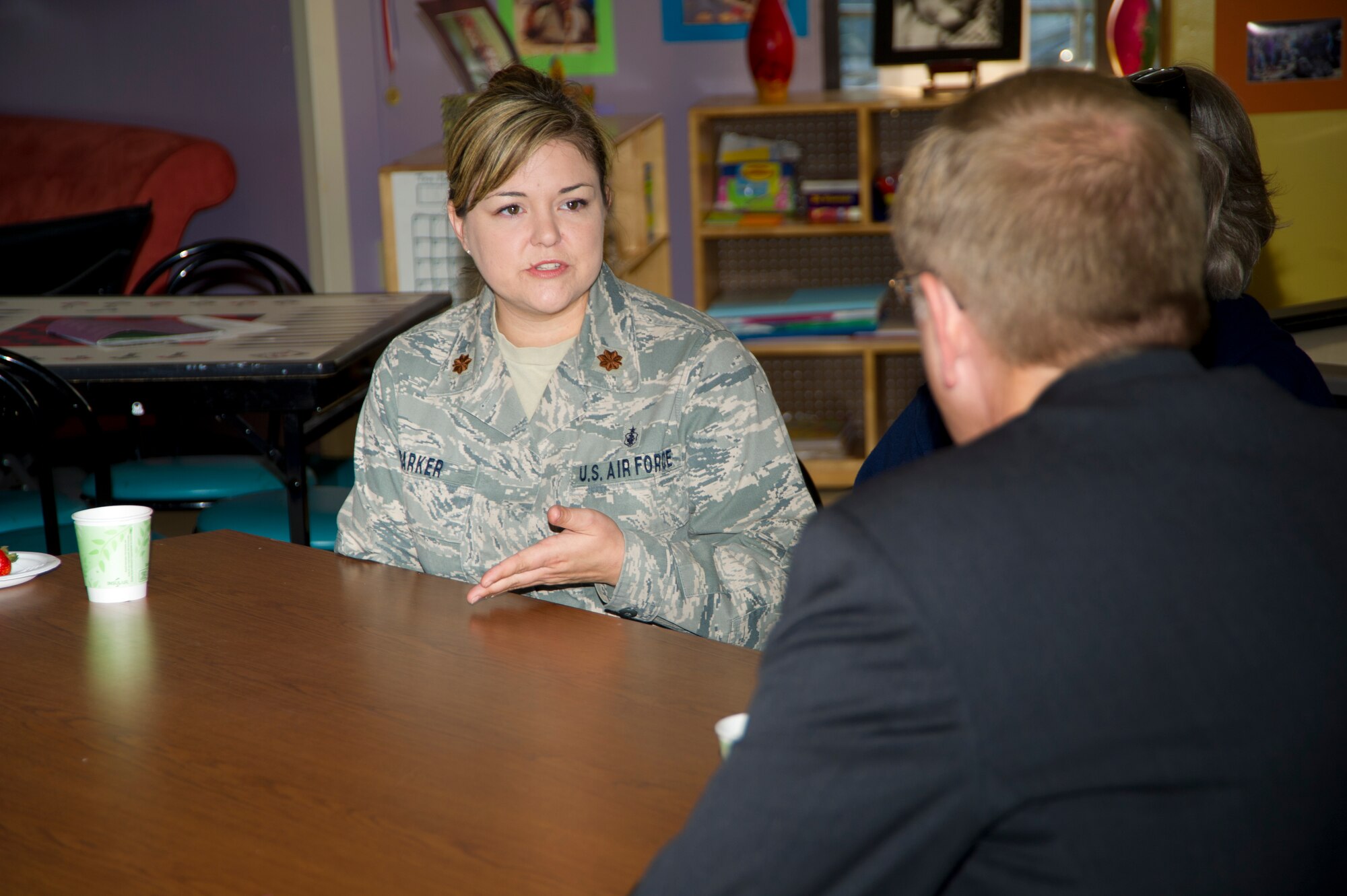 Maj. Amber Barker, 81st Medical Group, talks with Jim Clark, Boys & Girls Club of America president, during his visit to the Youth Center Oct. 9, 2012, at Keesler Air Force Base, Miss.  Clark visited Keesler during his tour of clubs along the Mississippi Gulf Coast so he can better understand any issues and how the national organization can best support Keesler’s youth and family.  (U.S. Air Force photo by Adam Bond)