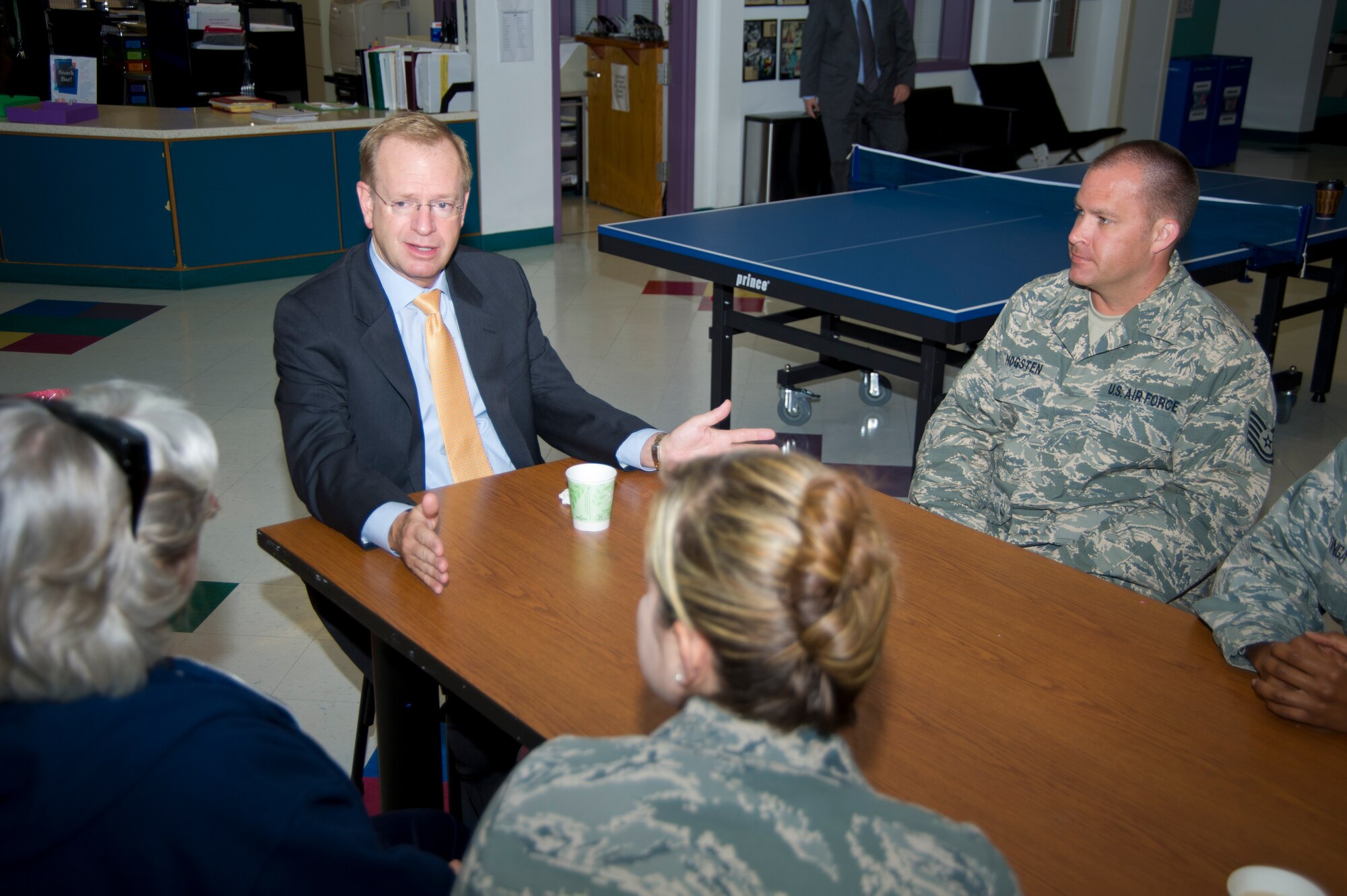 Jim Clark, Boys & Girls Club of America president, meets with Tech. Sgt. Marcus Hogsten, 81st Force Support Squadron, and other parents of Youth Center children during his tour of the facility Oct. 9, 2012, at Keesler Air Force Base, Miss. Clark visited Keesler during his tour of clubs along the Mississippi Gulf Coast so he can better understand any issues and how the national organization can best support Keesler’s youth and family.  (U.S. Air Force photo by Adam Bond)