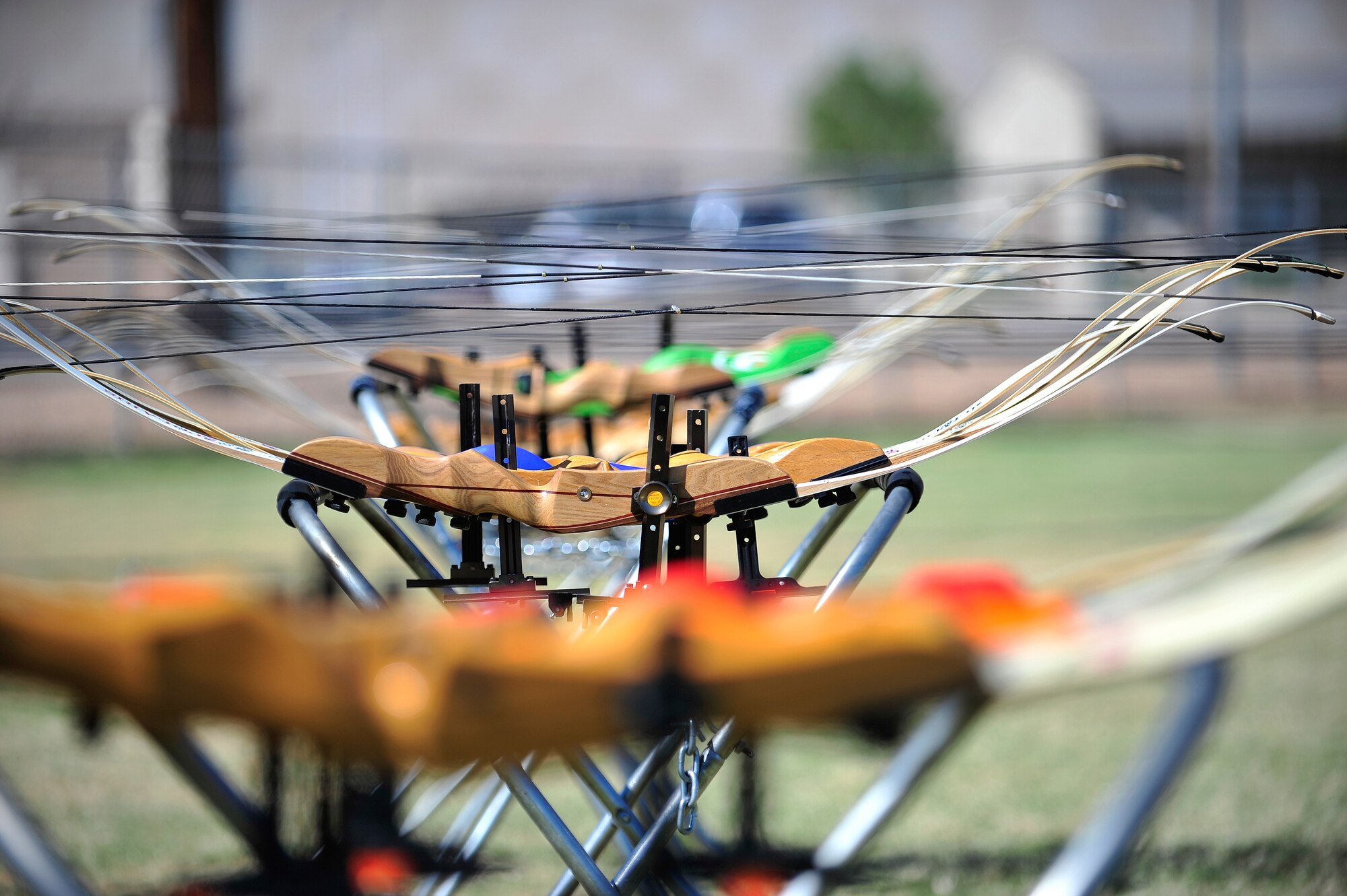 Bows sit ready for the students at the youth and teen archery camp at Luke Air Force Base, Ariz., Oct. 9, 2012. Participants learned archery techniques from Papago International Archery Federation archery instructors. (U.S. Air Force photo by Staff Sgt. Jason Colbert)