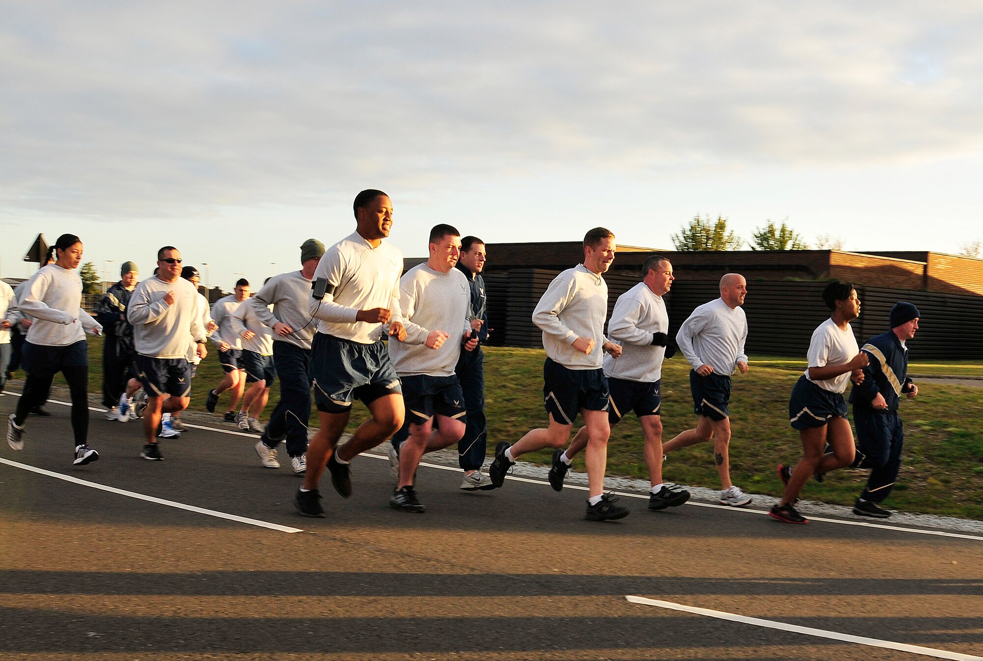 ROYAL AIR FORCE LAKENHEATH, England ? Liberty Wing Airmen run a 5K for Fire Prevention Week Oct. 10, 2012. Throughout the week a series of events were coordinated by the 48th Civil Engineer Squadron firefighters to include fire extinguisher training at the commissary and a fire muster at the high school. (U.S. Air Force photo by Senior Airman Tiffany M. Grigg) 