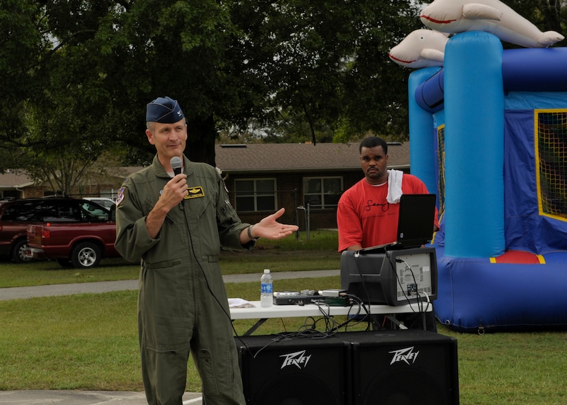 U.S. Air Force Col. Billy Thompson, 23d Wing commander, speaks to kick off the National Night Out at Moody Air Force Base, Ga., Oct. 4, 2012 . NNO is designed to heighten crime and drug prevention by strengthening neighborhood bonds and partnerships between communities. (U.S. Air Force photo by Senior Airman Eileen Meier/Released)