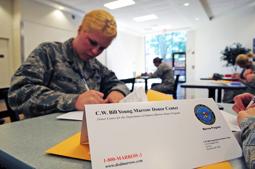 U.S. Air Force Airman 1st Class Desiree Koehler, 4th Equipment Maintenance Squadron aircrew ground equipment technician, registers for the Department of Defense Marrow Donor Program on Seymour Johnson Air Force Base, N.C., Sept. 27, 2012. The bone marrow donor registration drive was held in hopes of finding a donor match for Seth Simonsen, 14-year-old dependant, who was diagnosed with Dyskeratosis Congenita. (U.S. Air Force photo/Staff Sgt. Courtney Richardson/Released)