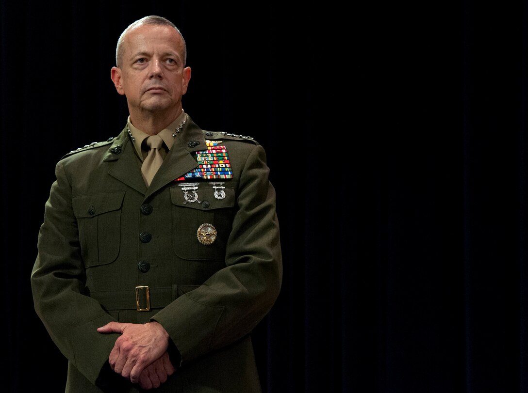 U.S. Marine Corps Gen. John R. Allen stands as U.S. Defense Secretary Leon E. Panetta announces that President Barack Obama will nominate Allen to become the next commander of U.S. European Command and NATO's supreme allied commander in Europe during a press conference in Brussels, Oct 10, 2012.