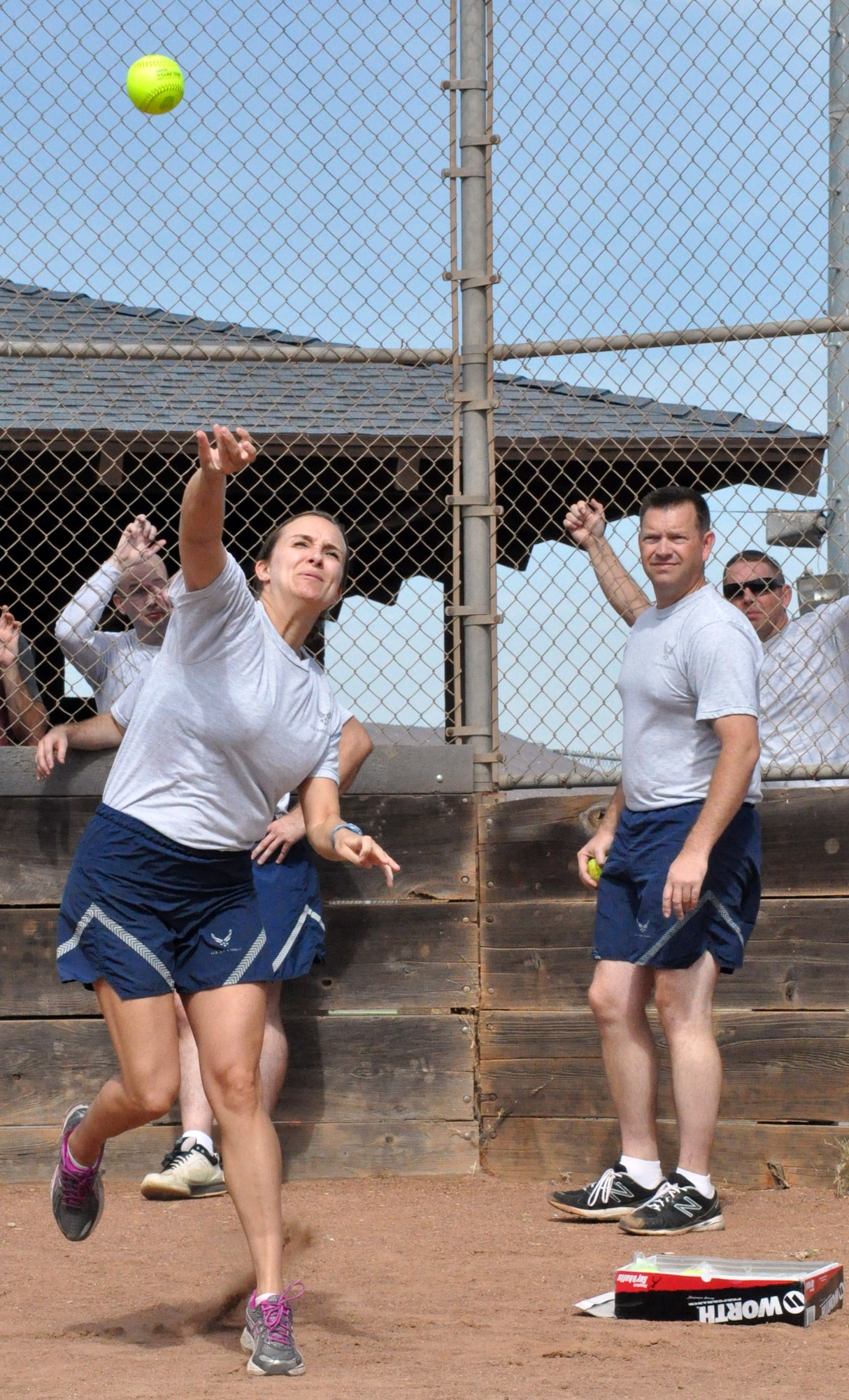 1st Lt. Jennifer Galuanin, 548th Operations Support Squadron, competes in the softball throw portion of Beale Air Force Base's annual sports day Oct. 5. (U.S. Air Force photo by Tech. Sgt. Eric Petosky/Released) 