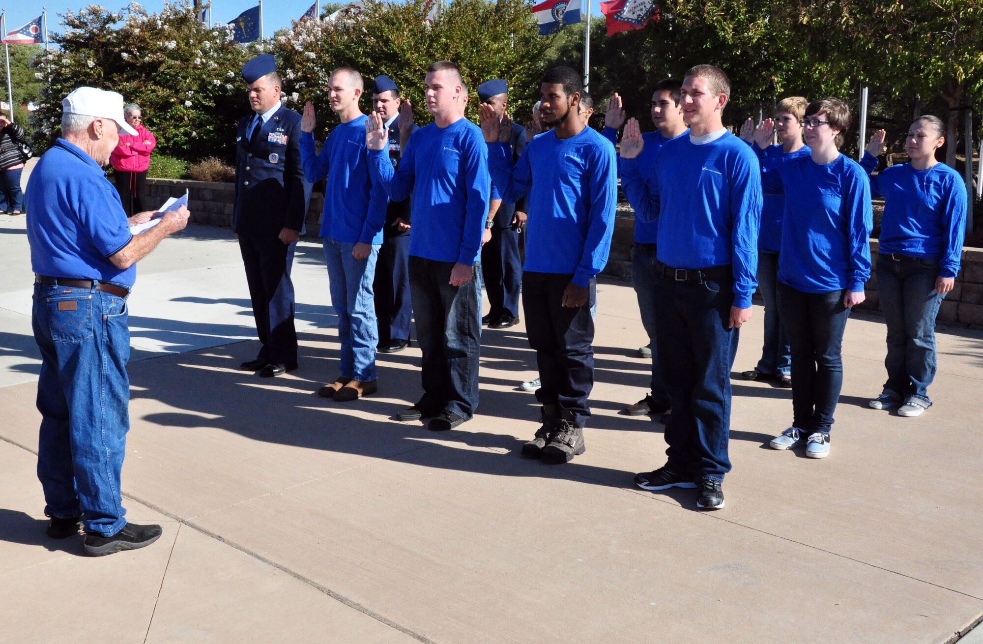 Maj. Gen. (ret) Charles "Chuck" Yeager administers the oath of enlistment to future members of the Air Force Reserve Oct. 8 at Beale Air Force Base, Calif. Yeager was the first man to break the sound barrier in 1947. After administering the oath of enlistment he offered advice to the future Airmen as they begin or continue their careers as Reservists. (U.S. Air Force photo by Tech. Sgt. Eric Petosky/Released)