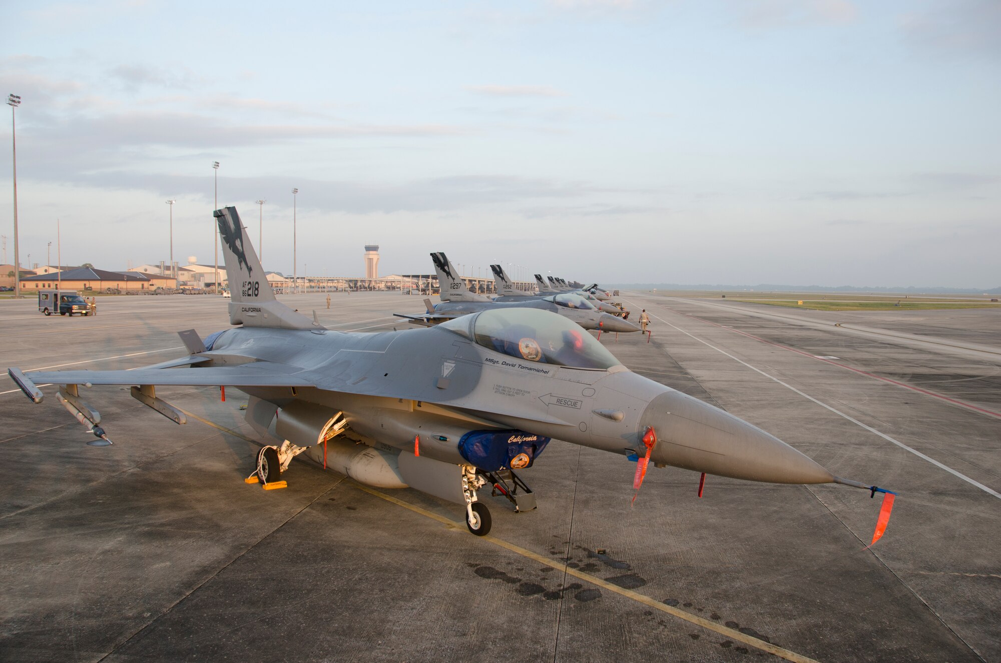 F-16C Fighting Falcons from the 144th Fighter Wing, California Air National Guard Fresno sit on the ramp at Tyndall Air Force Base, Fla. as they participate in Combat Archer October 9, 2012. Combat Archer allows pilots and maintainers valuable training in the employment of live air-to-air munitions and tests the capabilities of the weapon systems. (Air National Guard photo by Tech. Sgt. Charles Vaughn)