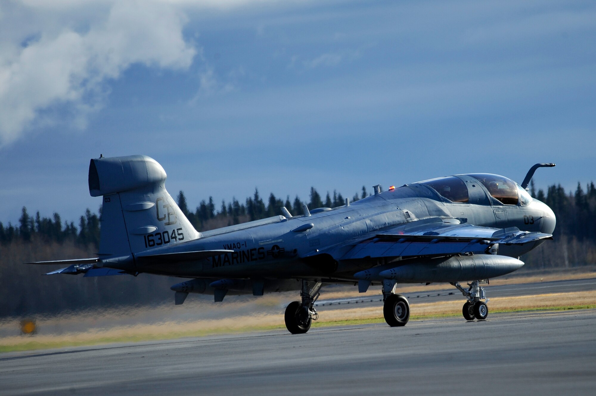 An EA-6B Prowler assigned to Marine Tactical Electronic Warfare Squadron 4, Marine Corps Air Station Cherry Point, N.C., taxis down the runway during RED FLAG-Alaska 13-1 Oct. 9, 2012, Eielson Air Force Base, Alaska. (U.S. Air Force photo/Staff Sgt. Jim Araos)
