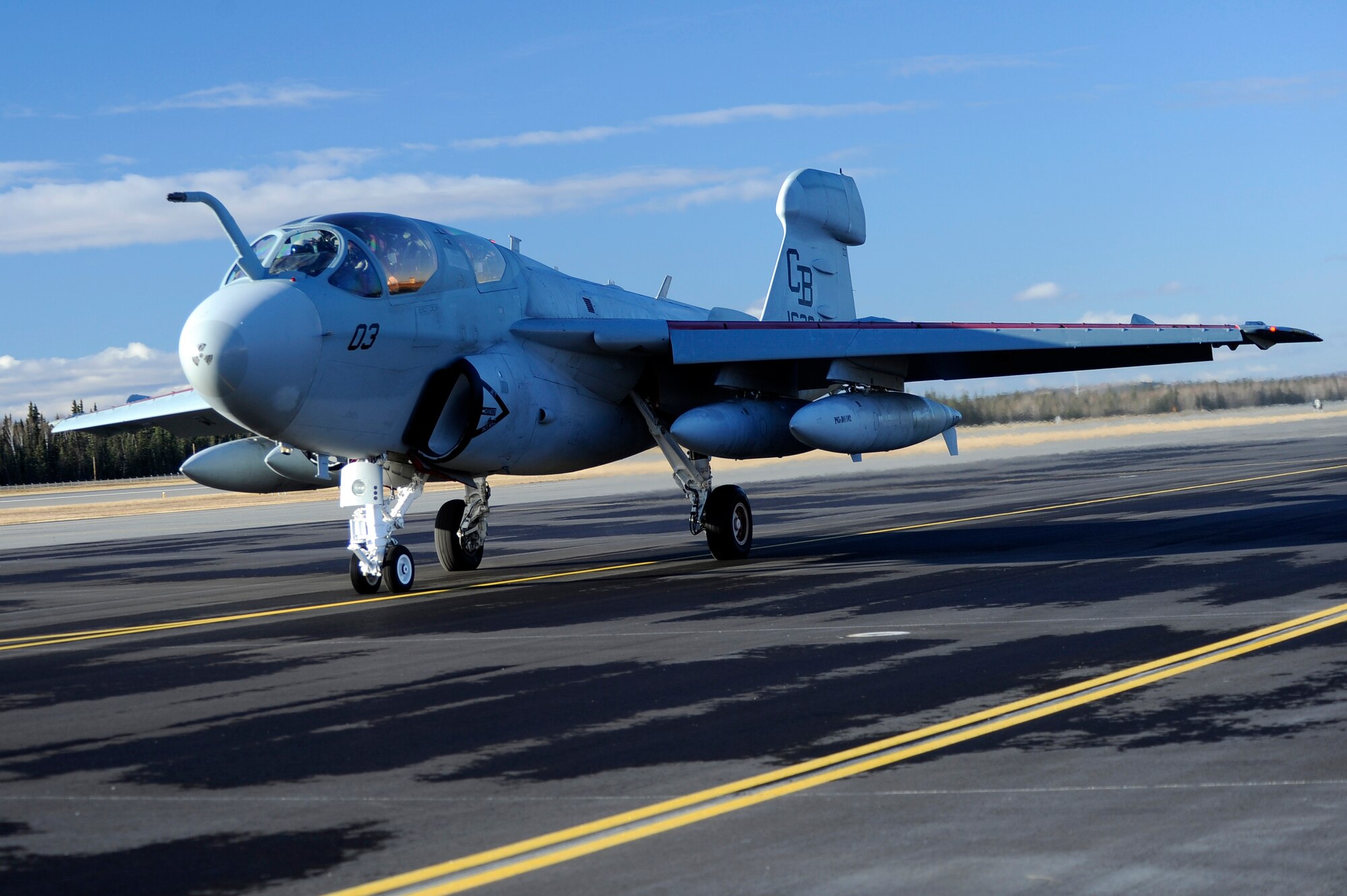 An EA-6B Prowler assigned to Marine Tactical Electronic Warfare Squadron 4, Marine Corps Air Station Cherry Point, N.C., taxis down the runway during RED FLAG-Alaska 13-1 Oct. 9, 2012, Eielson Air Force Base, Alaska. EA-6B protects fleet surface units and strike aircraft by jamming enemy radar and communications. (U.S. Air Force photo/Staff Sgt. Jim Araos)