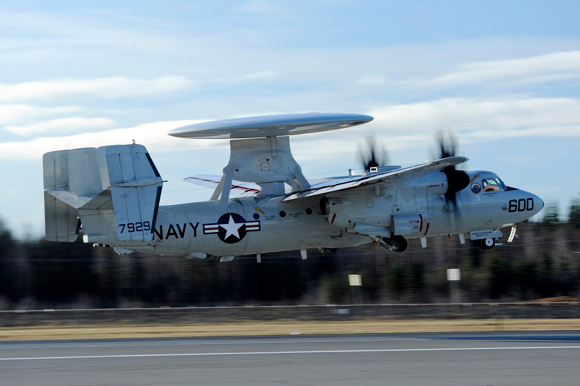 A E-2D Advanced Hawkeye assigned to Air Test and Evaluation Squadron ONE, Patuxent River, Md., takes off  during RED FLAG-Alaska 13-1 Oct. 9, 2012, Eielson Air Force Base, Alaska. The E-2D’s radar sensor capability delivers critical actionable data to joint forces and first responders. (U.S. Air Force photo/Staff Sgt. Jim Araos)