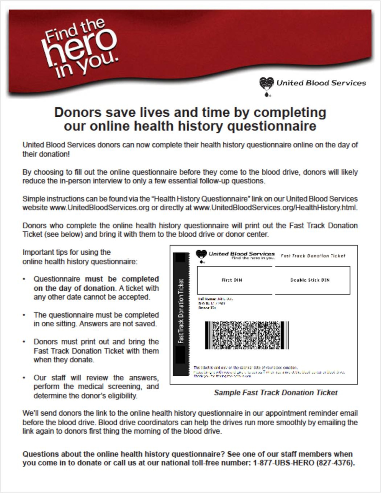 United Blood Services online health history questionnaire > 152nd