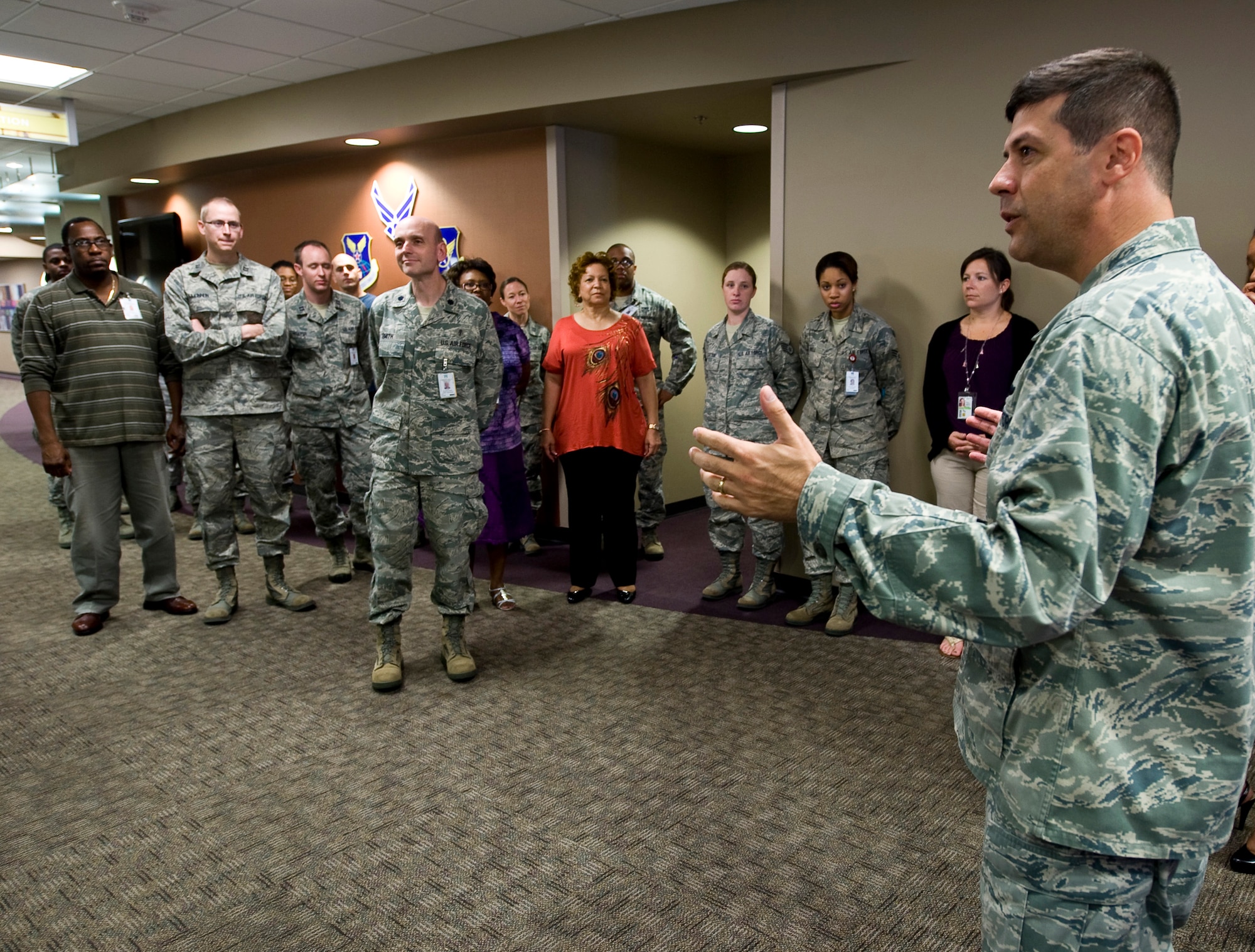 Col. Andrew Gebara, 2nd Bomb Wing commander, speaks to members of the 2nd Medical Group about the importance of preventing domestic violence on Barksdale Air Force Base, La., Oct. 11. Gebara signed a proclamation declaring October domestic violence awareness month. (U.S. Air Force photo/Staff Sgt. Chad Warren)(RELEASED)