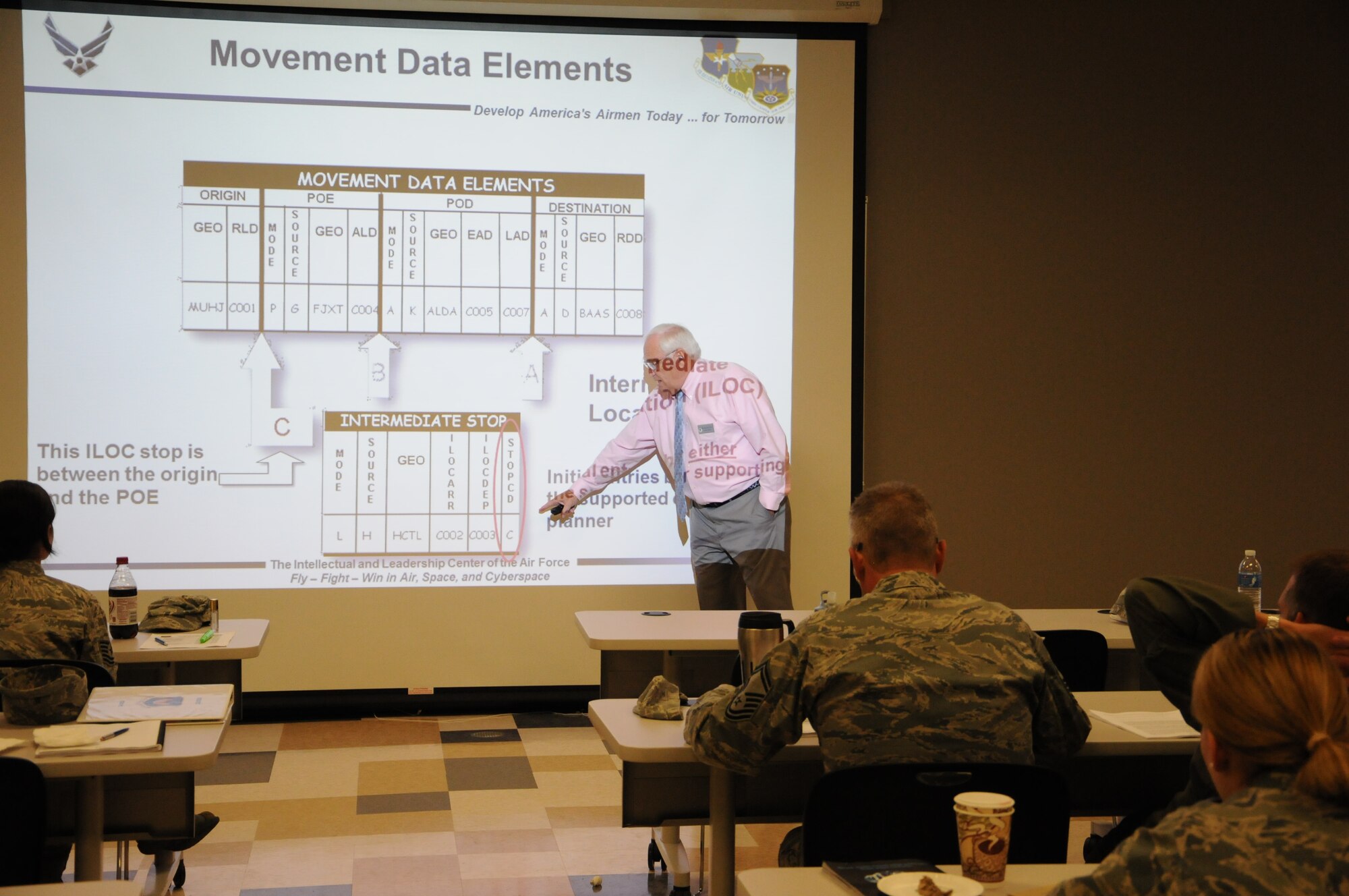 Instructor Bob Barthelmess discusses elements of a force package during the Contingency Wartime Planner Course at Battle Creek Air National Guard Base from Sept. 18-28, 2012. (U. S. Air National Guard Photos by Tech. Sgt. Alec Lloyd/Released)
