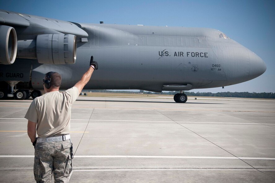 A C-5 Galaxy arrives at Moody Air Force Base, Ga., Oct. 10, 2012, bringing home Airmen who deployed to Osan Air Base, Korea, for six months in support of theater security package operations. (U.S. Air Force photo by Airman 1st Class Paul Francis/Released)
