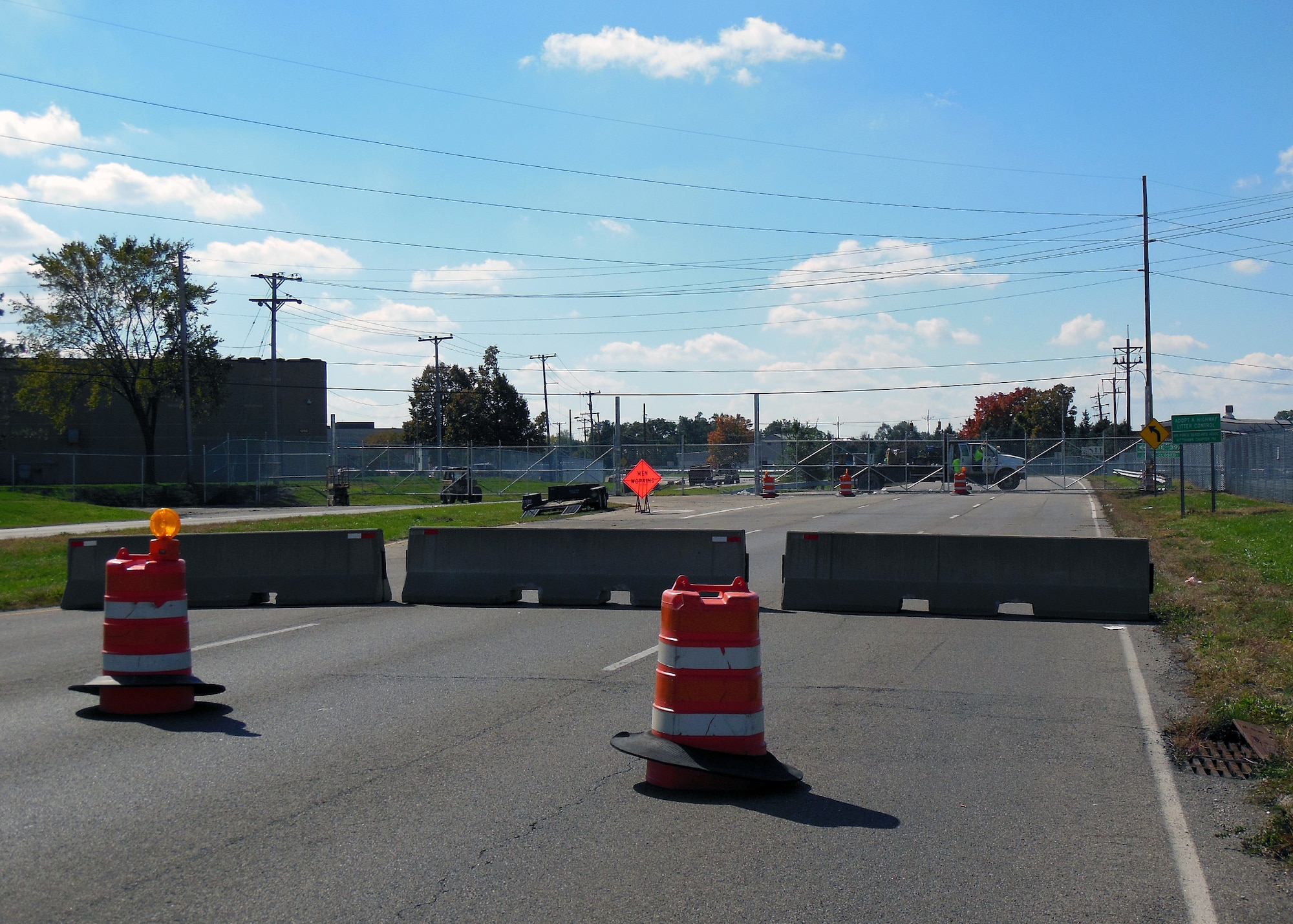 Gates, barricades, barrels and signs were all put in place on Oct. 9 at 9 a.m. to permanently close the portion of State Route 444 that formerly bisected Area A and Kittyhawk on Wright-Patterson AFB.  While the road has been open to the public for decades, the land has belonged to the base since the early days of the Fairfield Air Depot.  (photo by Mike Libecap) 