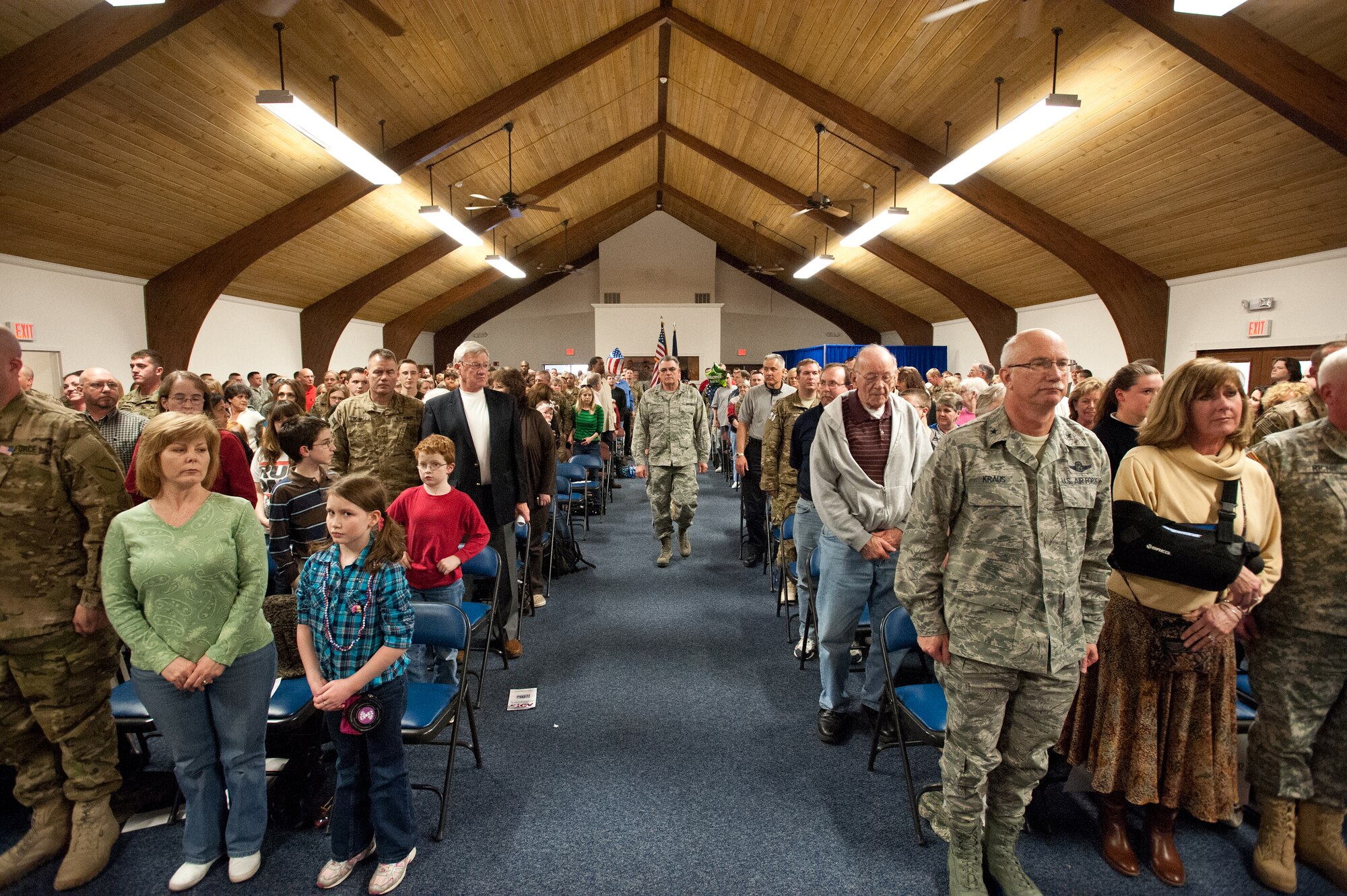 Brig. Gen. Michael Dornbush, chief of the Kentucky National Guard???s Joint Staff, leads the official party into the Base Annex at the Kentucky Air National Guard Base in Louisville, Ky., Feb. 28, 2012 to kick off a homecoming ceremony for the Kentucky National Guard???s Agribusiness Development Team 3. The team has been in Afghanistan for the past nine months, helping Afghan farmers develop sustainable agriculture. The group was instrumental in coordinating the first-ever commercial mulberry harvest in the Panshir Valley, producing 75 metric tons of mulberries and netting $45,000 for local farmers. (U.S. Air Force photo by Maj. Dale Greer)