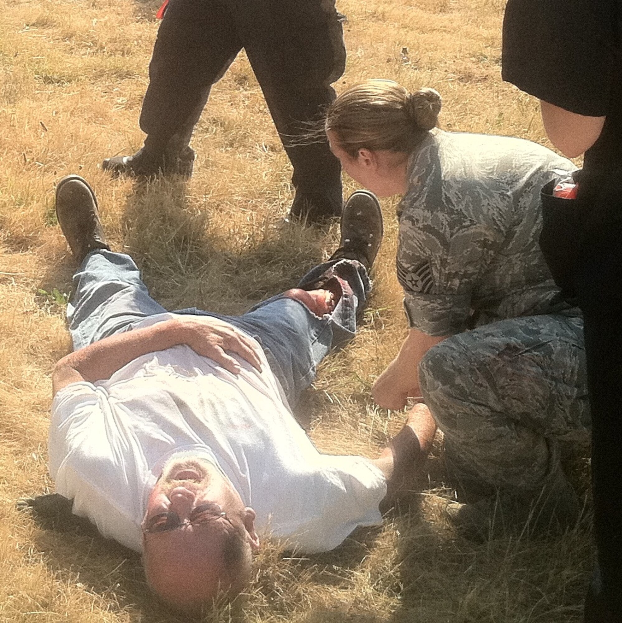 Tech. Sgt. April Simmons, 181MDG, preformed triage and evacuated patients from the scene of an accident to the designated care station.