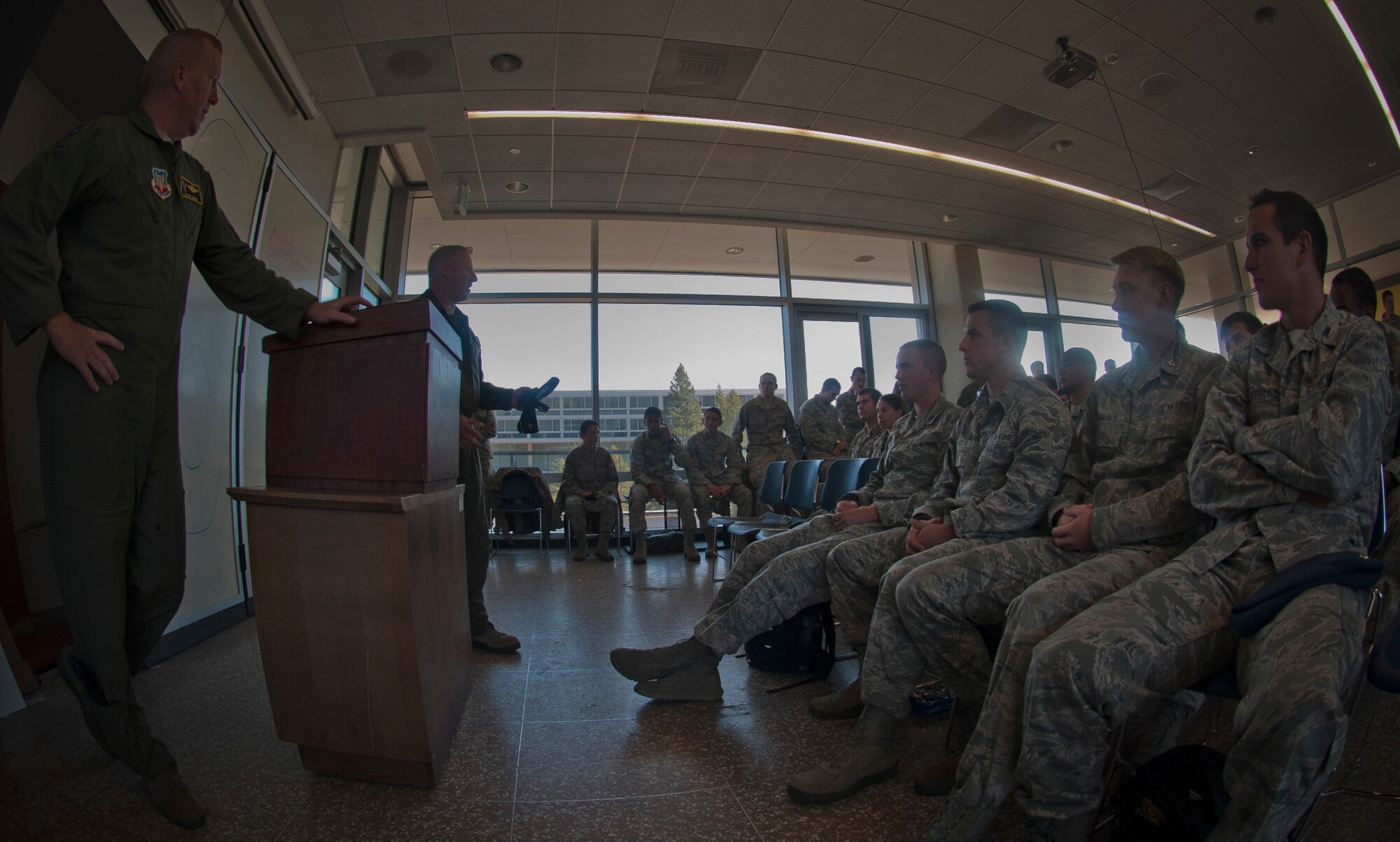 U.S. Air Force Col. Steven Ramer, 23d Wing vice commander, waits to speak to Cadet Squadron 9 during a visit at the U.S. Air Force Academy, Colo., Oct. 4, 2012. Members from the 23d WG traveled to the Academy to mentor cadets and answer questions about the operational Air Force. (U.S. Air Force photo by Senior Airman Nicholas Benroth/Released)