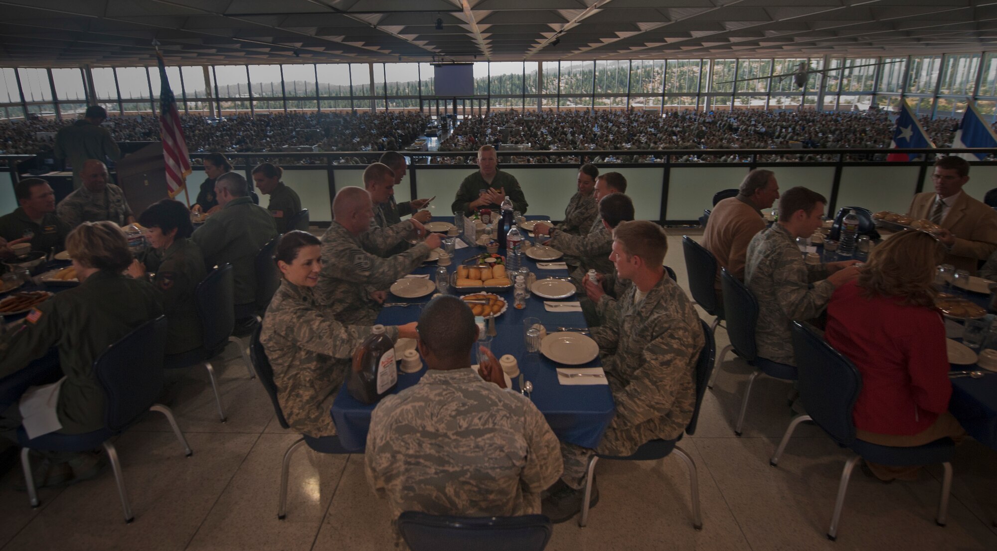 Individuals from the 23d Wing have lunch at Mitchell Hall as part of their tour at the U.S. Air Force Academy, Colo., Oct. 4, 2012. The Airmen who participated in this tour spent Oct. 3-6 with cadets in an effort to mentor and help them grow to become successful officers. (U.S. Air Force photo by Senior Airman Nicholas Benroth/Released)