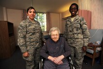 MINOT, N.D. -- Airmen 1st Class Ashley Shoun and Marshwana Underwood, 791st Missile Security Forces Squadron response force leaders, volunteer their time visiting veterans at Trinity Homes Minot, as part of volunteer work for their squadron's Dark Horse Association. Airmen from the 791st MSFS's DHA are among the many active duty volunteer force on base, that have worked hard to promote community engagement with locals. (U.S. Air Force photo/Senior Airman Jose L. Hernandez)