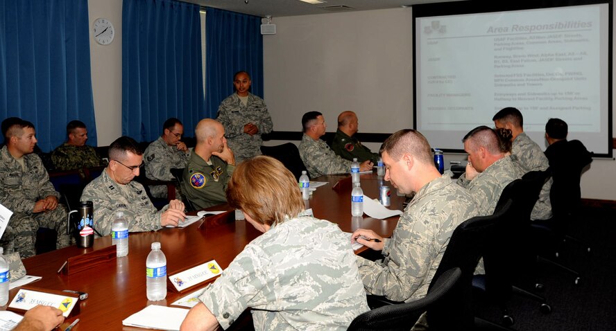 Tech. Sgt. Edward Nicandro, back, 35th Civil Engineer Squadron pavements and equipment craftsman, hosts the 2012-13 pre-season snow and ice control committee meeting in the 35 CES conference room at Misawa Air Base, Japan, Oct. 10, 2012. The snow and ice removal team are scheduled to start operating no later than Nov. 15, 2012. On that date, residents can expect to see the installation of snow poles and snow fences. For more information or weather updates, the team can be contacted at 226-7669 or email at 35cessnowcontrol@pacaf.af.mil. (U.S. Air Force photo by Airman 1st Class Kenna Jackson)