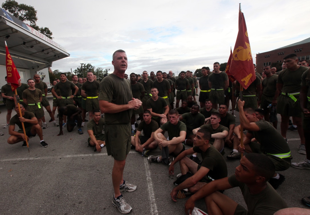 Lt. Col. David Bardorf, the commanding officer of Headquarters and Support Battalion, spoke to Marines during the annual Headquarters and Support Battalion physical training session to support the Combined Federal Campaign at the Goettge Memorial Field House parking lot aboard Marine Corps Base Camp Lejeune Oct. 3. The CFC Onslow County's goal is to reach $1 million during the campaign season which started Sept. 1 through Dec. 15.