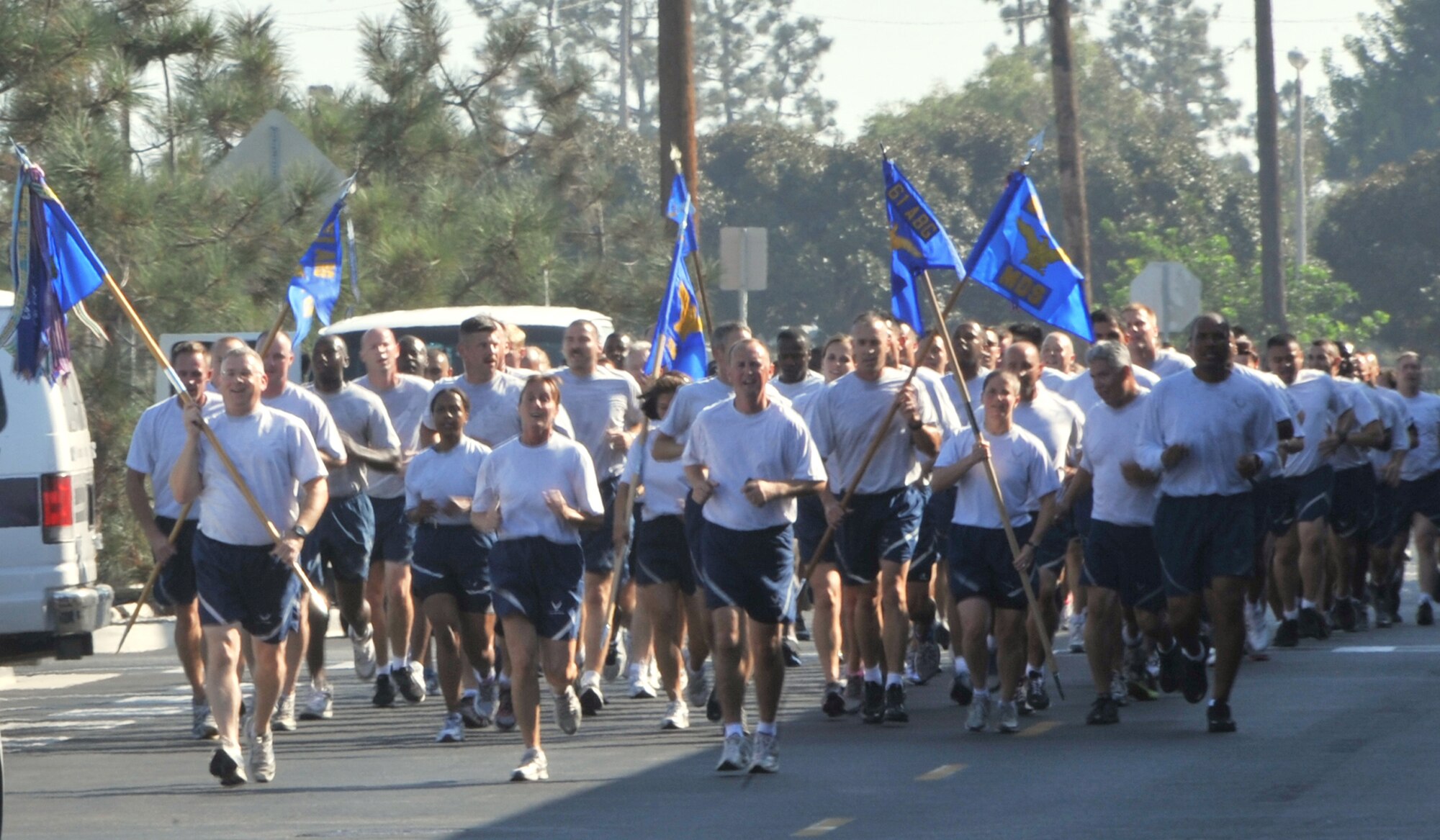 Members of the 61st Air Base Group participate in a spirit run, Oct. 3.  (Photo by Sarah Corrice)