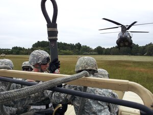 Soldiers from the 53rd Movement Control Battalion, 7th Sustainment Brigade, crouch in a Humvee while a Chinook helicopter approaches Felker Army Airfield at Fort Eustis, Va., recently. The ‘Resolute Warriors’ were conducting sling-load training by hooking the Humvee to the bottom of the helicopter. (U.S. Army photo by Sgt. 1st Class Brian Rhodes/Released)