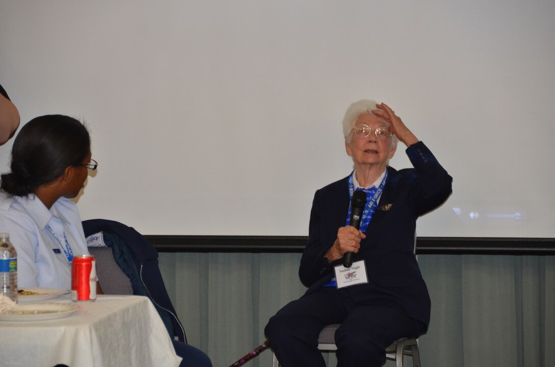 WRIGHT-PATTERSON AIR FORCE BASE, Ohio - Nadine Nagle, World War II Women Airforce Service Pilots (WASP), shares her memories of serving as a WASP to more than 60 attendees of the Sixth Annual Wings of Women Conference Oct. 5, 2012. The guests enjoyed the afternoon at the 445th Airlift Wing listening to guest speakers, touring a 445th AW C-17 Globemaster III and watching the 445th Aeromedical Evacuation Squadron perform a demonstration. (U.S. Air Force photo/Lt. Col. Cynthia Harris)