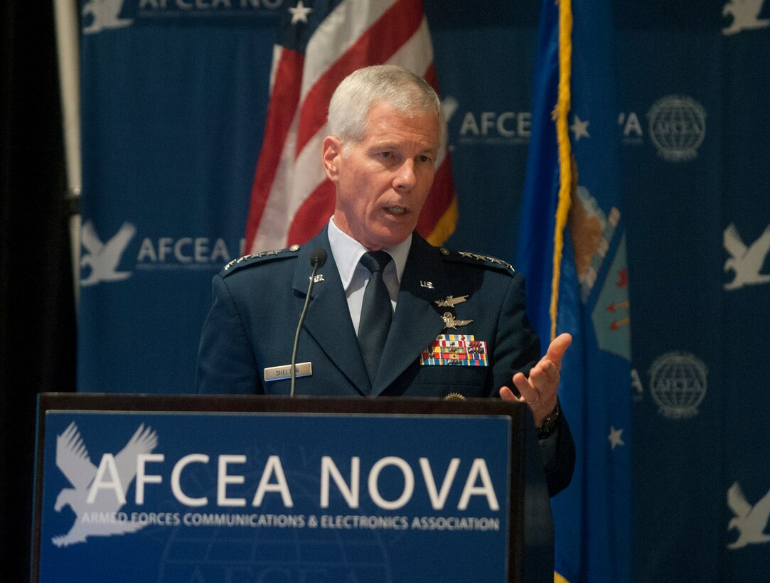 Gen. William L. Shelton, commander of the Air Force Space Command, speaks during the 11th Annual Air Force IT Day at Tyson's Corner, Va., Oct. 11, 2012. The event is an anual one-day conference focused on issues and challenges facing the future Air Force. (U.S. Air Force photo/Val Gempis)