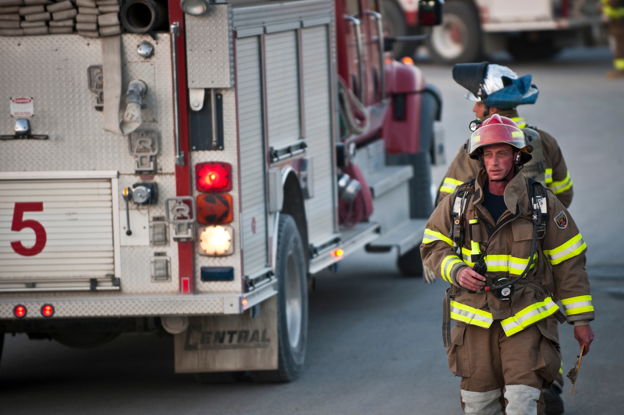 Firefighters respond to a simulated massive casualty event during an emergency response exercise at Bagram Airfield, Afghanistan, Oct. 12, 2012. The exercise was designed to test Bagram’s first responders and emergency managers in order to maintain readiness for potential real-world crises on base. (U.S. Air Force photo/Capt. Raymond Geoffroy)