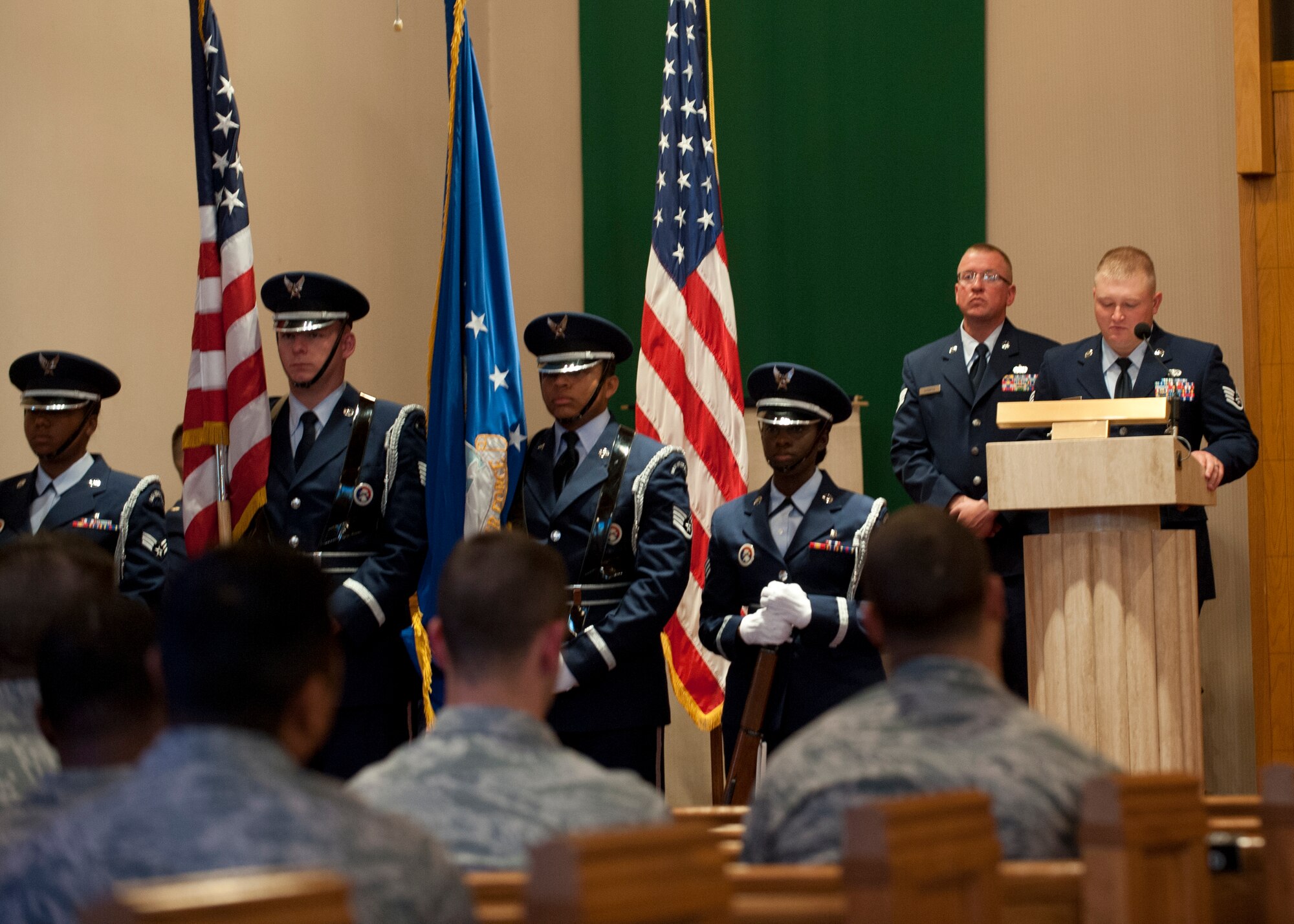 Staff Sgt. Christopher Secondi, 49th Security Forces Squadron, speaks about his late partner, a military working dog named Roky, during a memorial service at the base chapel at Holloman Air Force Base, N.M., Oct. 11. Secondi was Roky’s handler, and he spoke about his many memories with his canine partner. Roky, a 5-year-old German Shepherd, died after a demonstration at Holloman AFB Oct. 2. (U.S. Air Force photo by Airman Leah Ferrante/Released)