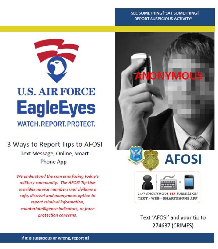 In order to capitalize on cyberspace and engage the Air Force community more effectively, the Air Force Office of Special Investigations has opened its first anonymous tip line that allows submissions from the Internet, via SMS (texting) or using a smartphone application. (U.S. Air Force graphic)

