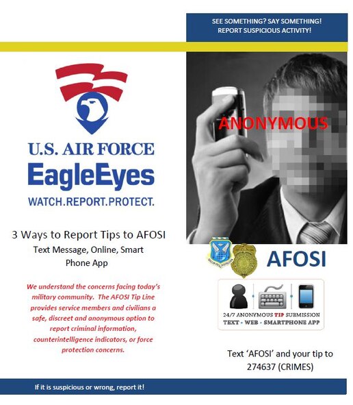 In order to capitalize on cyberspace and engage the Air Force community more effectively, the Air Force Office of Special Investigations has opened its first anonymous tip line that allows submissions from the Internet, via SMS (texting) or using a smartphone application. (U.S. Air Force graphic)

