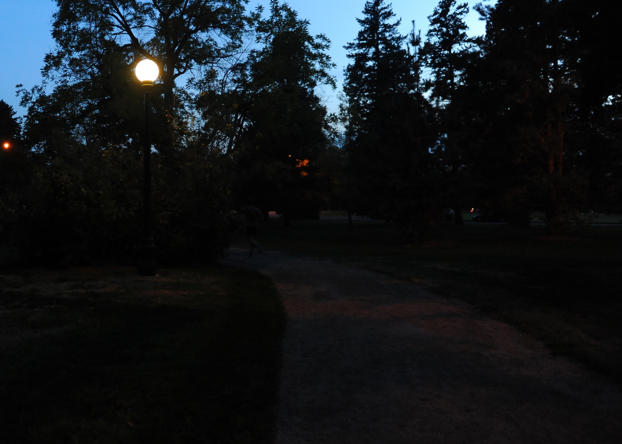DENVER Colo. –  A lone jogger makes his way through Cheesman Park Oct. 11, 2012. The park offers the chance for many activities including ghost hunting. The park was built on top of the Mount Prospect Cemetery where more than 2,000 remains were left when the park's construction began in 1894. (U.S. Air Force photo by Senior Airman Marcy Glass)
