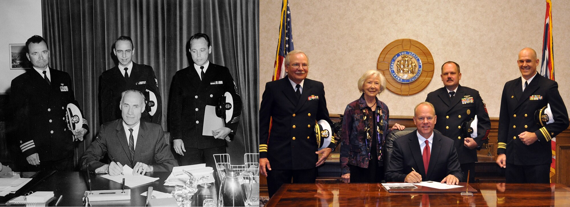 Wyoming Governor Matthew H. Mead poses for a photo recreating the original signing of the Navy Day proclamation from 40 years prior. The original proclamation was signed by Wyoming’s 26th Governor, Clifford P. Hansen. (courtesy photos)