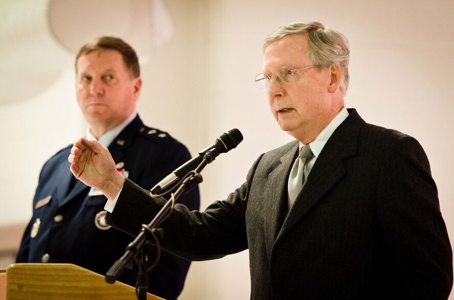 Sen. Mitch McConnell speaks to members of the 123rd Airlift Wing during a town hall meeting at the Kentucky Air National Guard Base in Louisville, Ky., on Jan. 4, 2012, as Kentucky's adjutant general, Maj. Gen. Edward W. Tonini, looks on. (U.S. Air Force photo by Maj. Dale Greer)