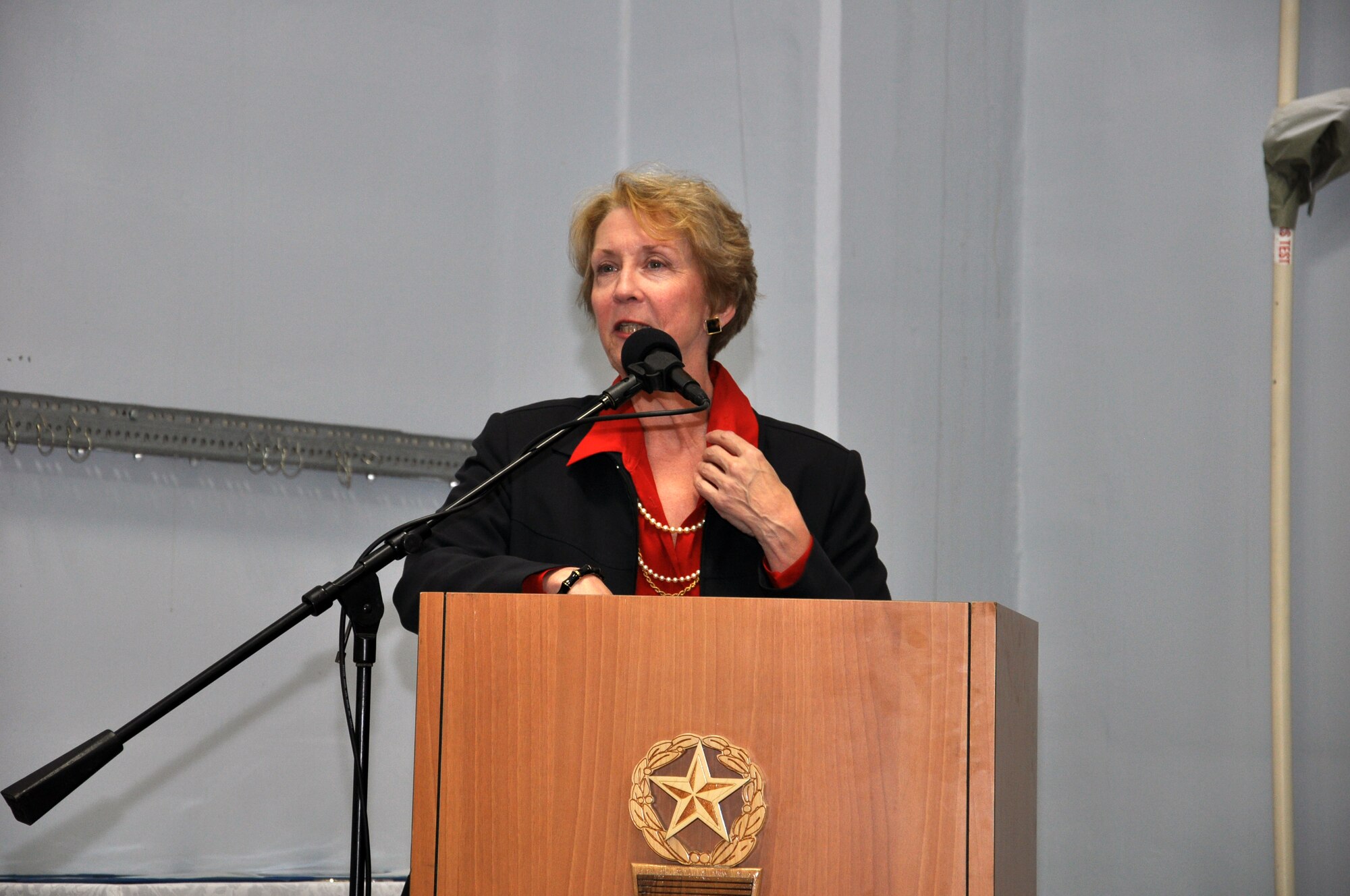 Ann Mitchell, Air Force Global Strike Command Director of Logistics, Installations and Mission Support, expresses gratitude to those involved with the coordination and construction of the renovation project at Bldg. 1151 during an appreciation ceremony held in Bay 9 of the building Oct. 3. Mitchell was at F. E. Warren Air Force Base, Wyo. as part of the General Officer Steering Group. While she was here, she also visited Airmen at the Missile Roll Transfer Building and the Missile Engineering Office. (U.S. Air Force photo by Senior Airman Dan Gage)