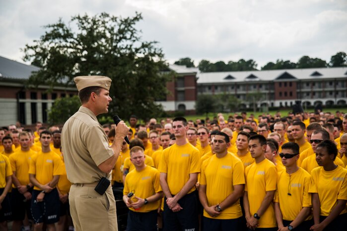 Capt. Jon Fahs, Naval Nuclear Power Training Command commanding officer speaks to hundreds of NNPTC students and faculty members before the beginning of a 5K race to help raise awareness of sexual assault Oct. 4, 2012, on the campus of NNPTC at Joint Base Charleston – Weapons Station, S.C.  Fahs explained to the students that sexual assault is a crime that will not be tolerated in today’s military and emphasized shipmates need to take care of shipmates to help combat this crime. This is the second  5K run the NNPTC wardroom (officers) has sponsored. (U.S. Air Force photo/A1C George Goslin)