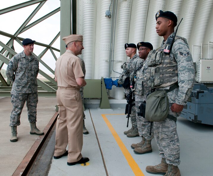 U.S. Navy Adm. James G. Stavridis, Commander, U.S. European Command and NATO Supreme Allied Commander Europe, speaks with Airmen from the 39th Security Forces Squadron Oct. 3, 2012, at Incirlik Air Base, Turkey. Stavridis visited Incirlik to personally thank 39th Air Base Wing Airmen for their hard work and dedication to the NATO mission.  (U.S. Air Force photo by Senior Airman Marissa Tucker/Released)
