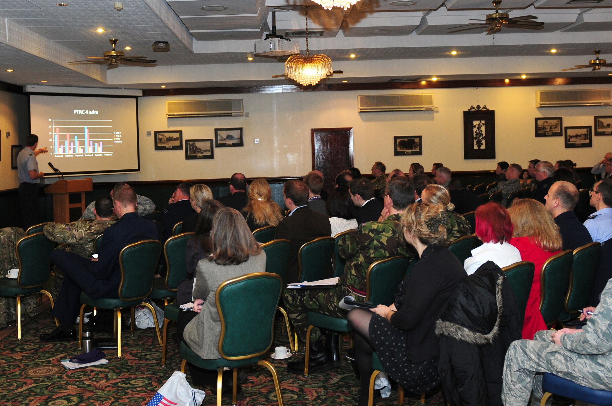 ROYAL AIR FORCE LAKENHEATH, England – Mental Health providers from the U.S. and British services listen to a presentation about mental health disorder treatment during the U.K. Defence Mental Health Symposium Oct. 10, 2011. More than 130 members from the British Army, Royal Navy, Royal Air Force, U.K. civilian sector and U.S. servicemembers from across Europe attended the conference to share information on mental health disorders commonly found to affect military members  (U.S. Air Force photo by Airman 1st Class Cory D. Payne)