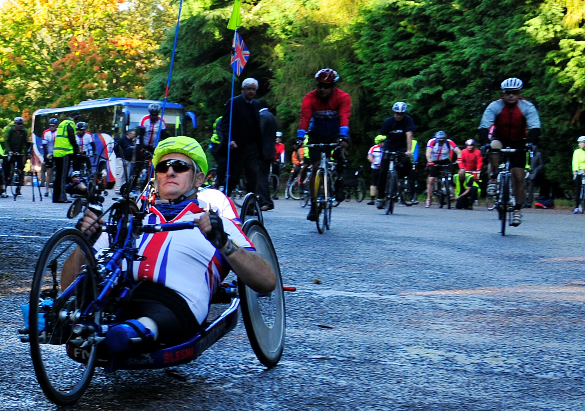 SANDRINGHAM, England - Wounded warriors from the U.K. and U.S., along with supporters, take off for the start of Soldier Ride 2012 Oct. 6, 2012. The soldier ride is a six-day event beginning in Sandringham and ending in London, and is centered on rehabilitation, fun and cohesion with others. (U.S. Air Force photo by Senior Airman Tiffany M. Grigg)