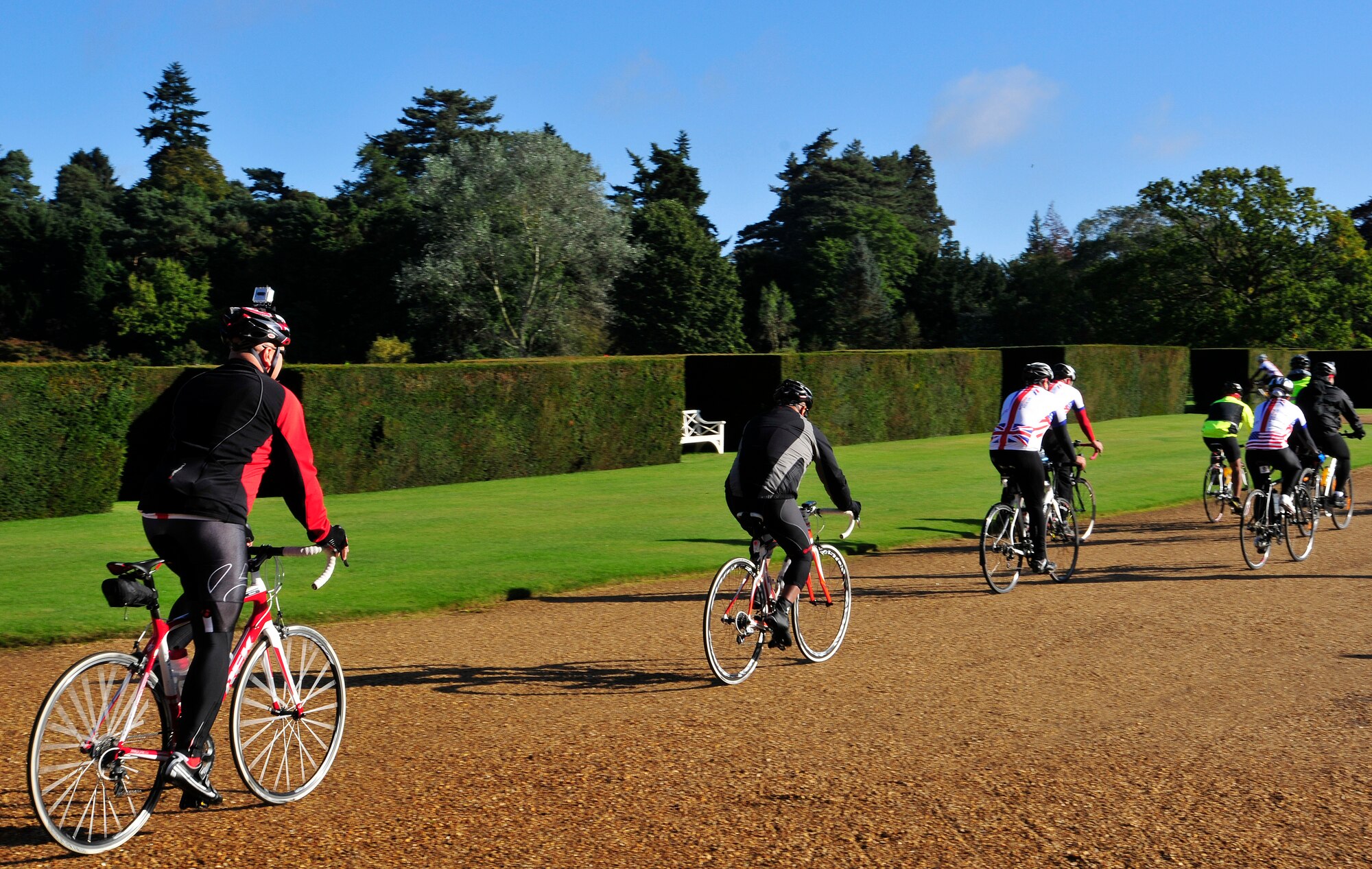 SANDRINGHAM, England - Wounded warriors from the U.K. and U.S., along with supporters, depart from Sandringham House to begin Soldier Ride 2012 Oct. 6, 2012. The soldier ride is a six-day event beginning in Sandringham and ending in London, and is centered on rehabilitation, fun and cohesion with others. (U.S. Air Force photo by Senior Airman Tiffany M. Grigg)