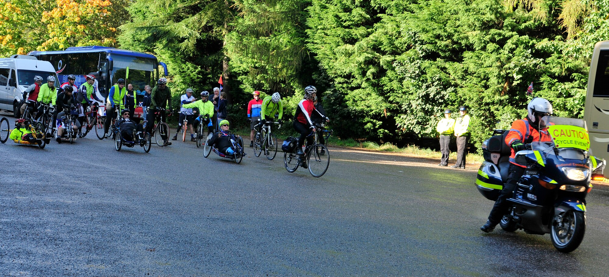SANDRINGHAM, England - Wounded warriors from the U.K. and U.S., along with supporters, take off for the start of Soldier Ride 2012 Oct. 6, 2012. The soldier ride is a six-day event beginning in Sandringham and ending in London, and is centered on rehabilitation, fun and cohesion with others. (U.S. Air Force photo by Senior Airman Tiffany M. Grigg)