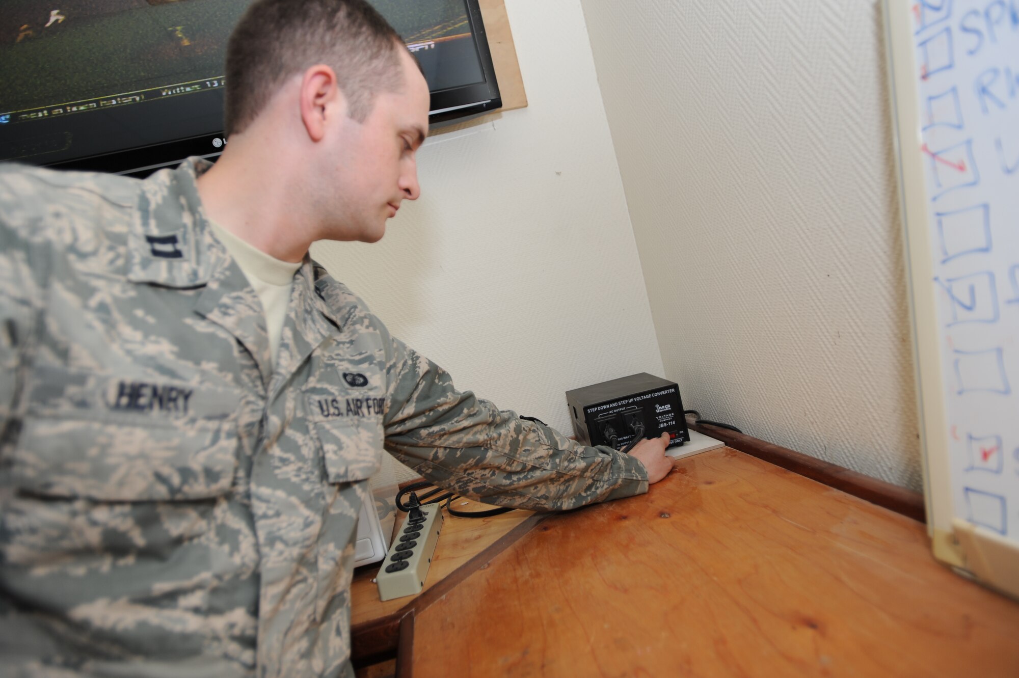 Voltage converters, laptops, televisions and game systems consume much of the energy used in rooms throughout the 379th Air Expeditionary Wing. The base-wide estimated cost to power these devices each year is approximately $300K. In this fiscally constrained environment, huge savings are possible by being more cognizant of our energy consumption and turning off electronic devices when not in use. (U.S. Air Force photo/Staff Sgt. Sheila deVera)