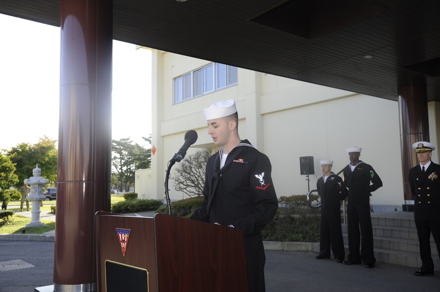 Yeoman 3rd Class Raymond Owiesny, originally from Marion, N.C., and assigned to Naval Air Facility Misawa, reads Chief of Naval Operations Admiral Johnathan Greenert's birthday message to the fleet during a bell-ringing ceremony on board Naval Air Facility Misawa, Japan, Oct. 12, 2012. Navy Misawa celebrated the U.S. Navy's 237th Birthday with a week's worth of Navy-related events, including a Navy Ball, award ceremony, naval heritage training and the bell-ringing ceremony.  (U.S. Navy photo by Senior Chief Mass Communication Specialist Daniel Sanford)
