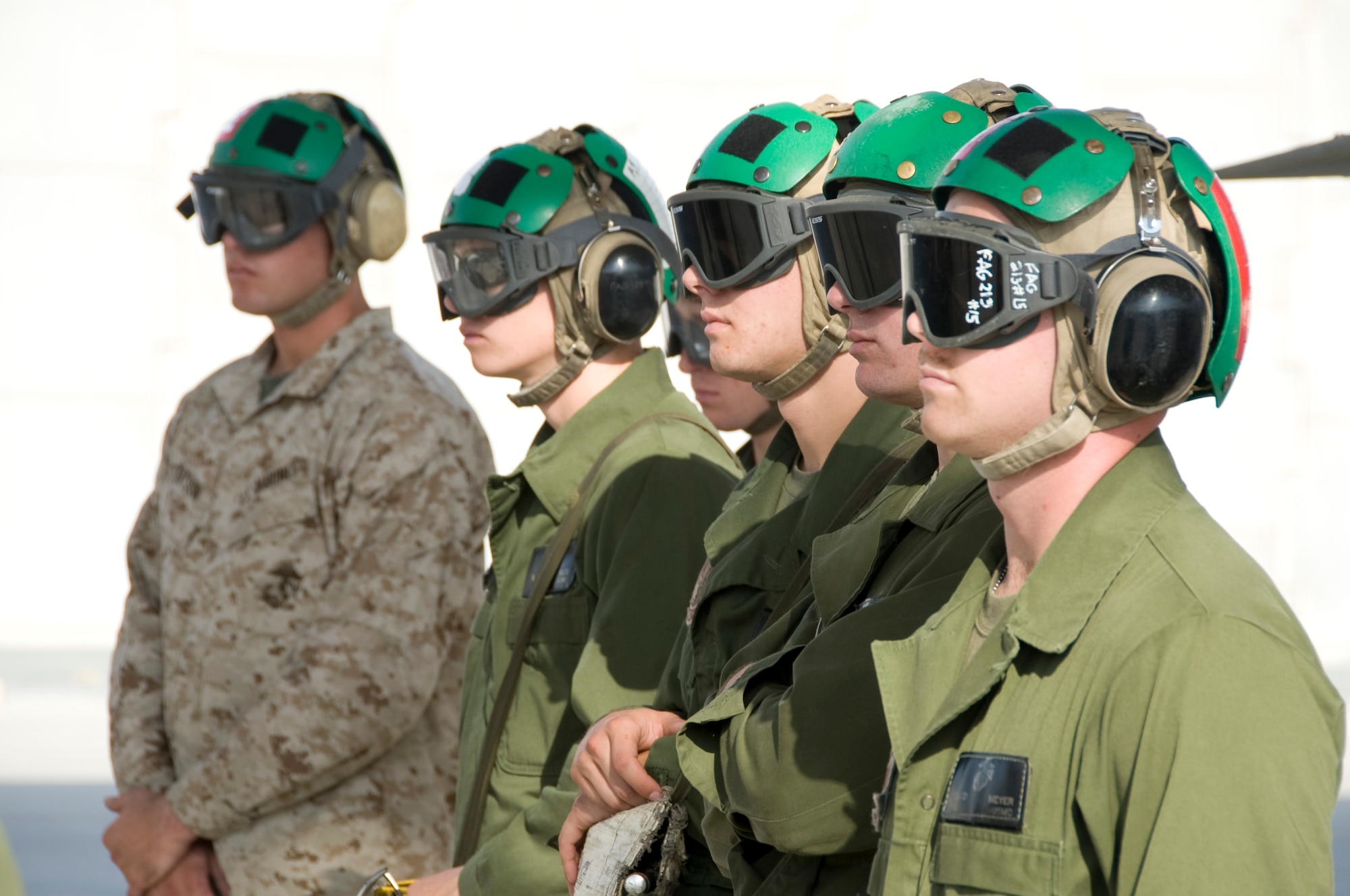 Marine Tactical Electronic Warfare Squadron 3 maintainers keep a close eye on preflight checks being conducted on an EA-6B Prowler Oct. 8, 2012 in Southwest Asia. They remain close by in case any discrepancies are noticed during the checks. VMAQ-3 is an expeditionary squadron flying the EA-6B Prowler, a four-seat, twin-engine tactical electronic attack aircraft that provides radar and communications jamming capabilities. (U.S. Air Force photo/Senior Airman Bryan Swink)
