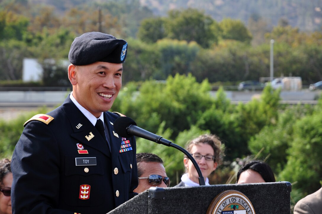 Col. Mark Toy, Los Angeles District commander speaks during an event at North Atwater Park along the Los Angeles River Oct. 9. The city received a donation of $970,000 to fund the District’s Ecosystem Restoration Feasibility Study. 