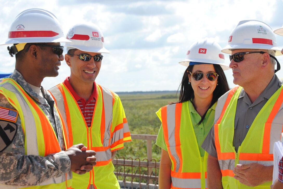 Lt. Gen. Thomas P. Bostick, commanding general of the U.S. Army Corps of Engineers, visited the Tamiami Trail Modifications project Oct. 10, 2012. Once completed, the project will allow increased water flows into Everglades National Park. (From left: Gen. Bostick; Howie Gonzales, chief of the Jacksonville District's Ecosystem Branch; Shannon Estenoz, Director of Everglades Initiatives for the Department of the Interior; and Dan Kimball, superintendant of Everglades National Park). 