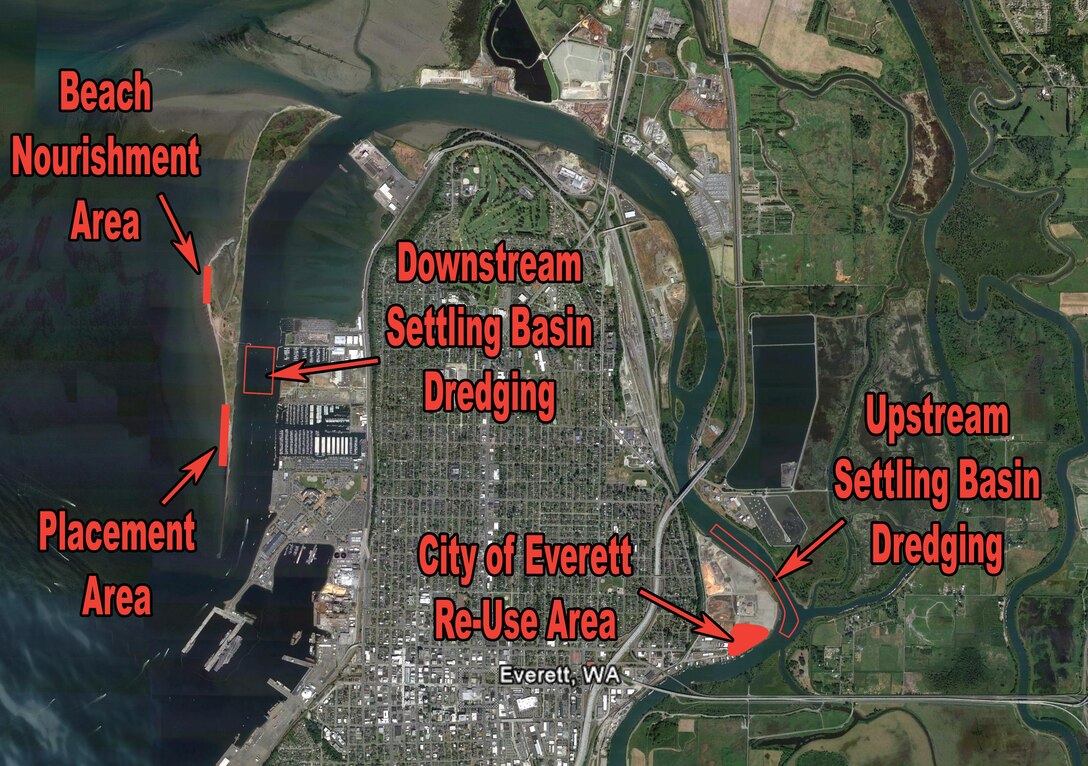 Hydraulic dredging of the Snohomish River upstream and downstream settling basins will begin Oct. 15. A U.S. Army Corps of Engineers contractor will remove about 100,000 cubic yards of material from the upstream basin and place it on City of Everett property. About 79,000 cubic yards of materials will be dredged from the downstream basin and beneficially used to nourish two areas on Jetty Island.