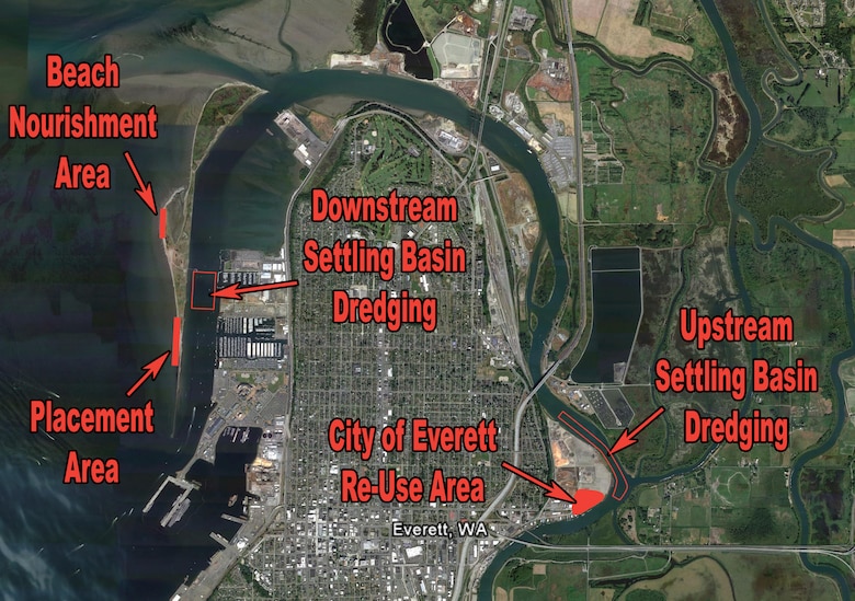 Hydraulic dredging of the Snohomish River upstream and downstream settling basins will begin Oct. 15. A U.S. Army Corps of Engineers contractor will remove about 100,000 cubic yards of material from the upstream basin and place it on City of Everett property. About 79,000 cubic yards of materials will be dredged from the downstream basin and beneficially used to nourish two areas on Jetty Island.